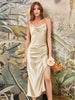 CHIC DRESS HOUSE-Elegant Evening Gown with Leg Slit, Lace-Up Detail, Adjustable Straps, Ideal for Proms and Bridesmaids