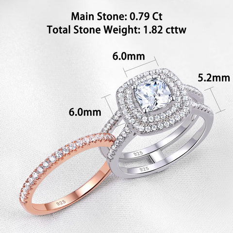 Silver (Wedding Ring) Bridal Set with Cushion Cut, Complemented by a Plug-in Rose Gold Wedding Ring, Perfect for Women.