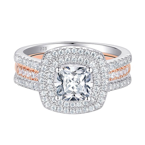 Silver (Wedding Ring) Bridal Set with Cushion Cut, Complemented by a Plug-in Rose Gold Wedding Ring, Perfect for Women.